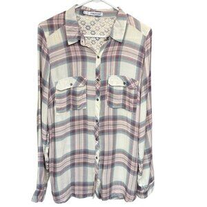 Maurices Plaid Button Long Sleeve Shirt w/ Lace Detail 100% Rayon Womens Size 0